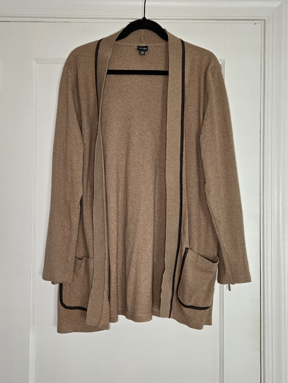 Rafaella Cardigan W/ Faux Leather Brown Trim & Zipper Detail - Women's 1X - Tan